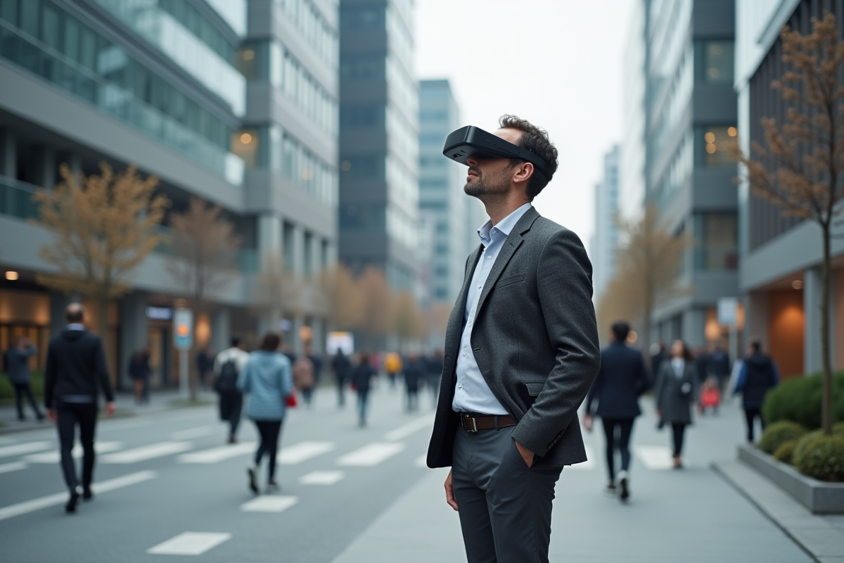 Homme avec lunettes AR dans une ville urbaine dynamique