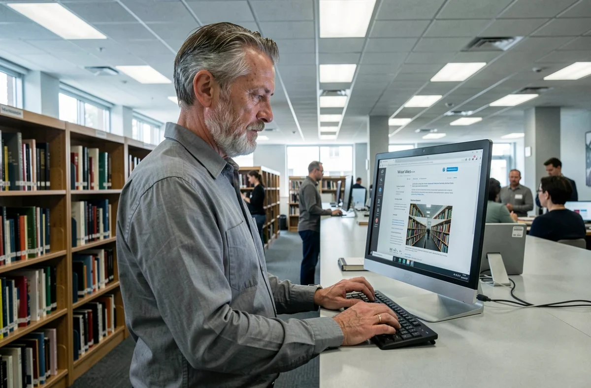 Homme d'âge moyen effectuant des recherches sur une encyclopédie en ligne collaborative dans une bibliothèque publique moderne