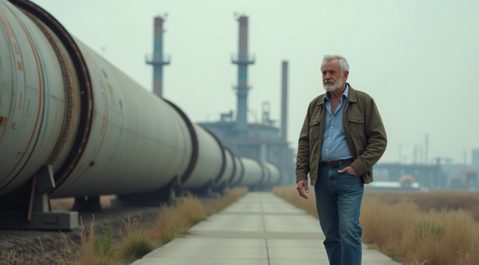 Homme d'âge moyen devant une infrastructure Hyperloop inachevée