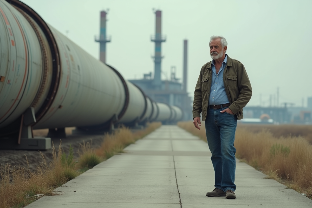 Homme d'âge moyen devant une infrastructure Hyperloop inachevée