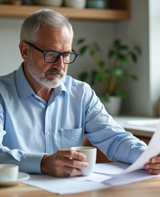 Homme d'âge moyen réfléchissant avec documents financiers
