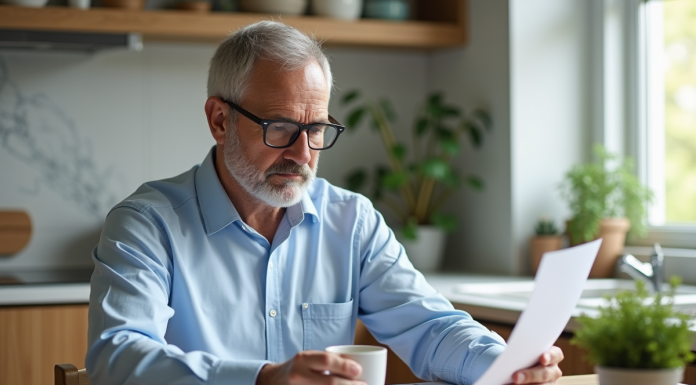 Homme d'âge moyen réfléchissant avec documents financiers