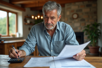 Homme d'âge moyen examine des factures dans une maison chaleureuse