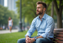 Homme en jean et chemise bleue dans un parc urbain