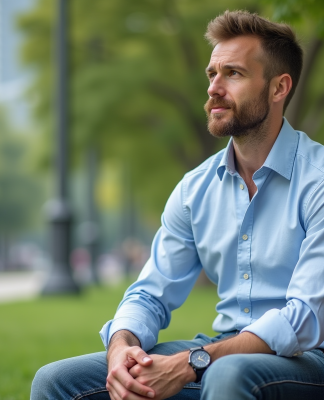 Homme en jean et chemise bleue dans un parc urbain