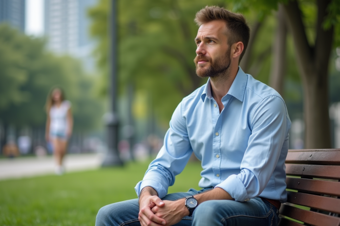 Homme en jean et chemise bleue dans un parc urbain