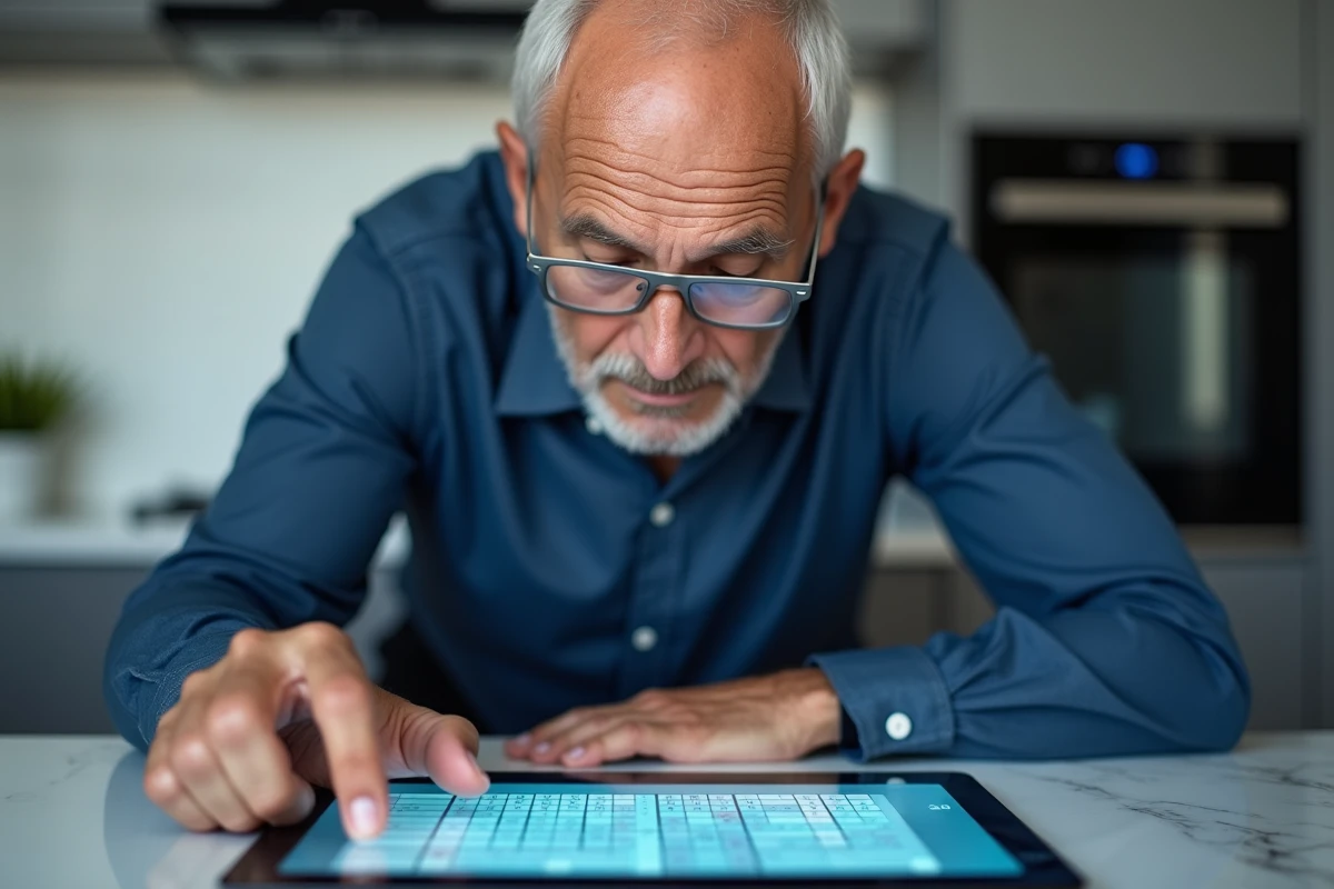 Homme senior jouant au sudoku en ligne sur une tablette dans une cuisine moderne