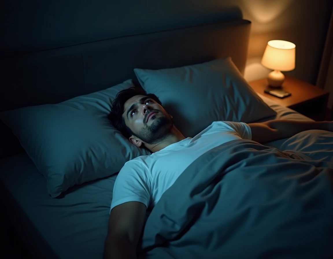 Homme allongé seul dans son lit la nuit les yeux ouverts, illustrant l'insomnie et les pensées obsédantes liées à un ex qui revient en rêve