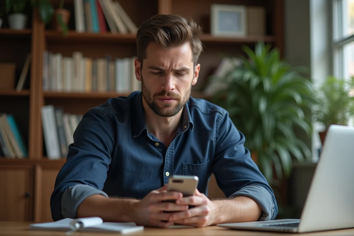 Homme en télétravail posant son téléphone après avoir reçu un raccrochage, pratiquant une technique de communication assertive