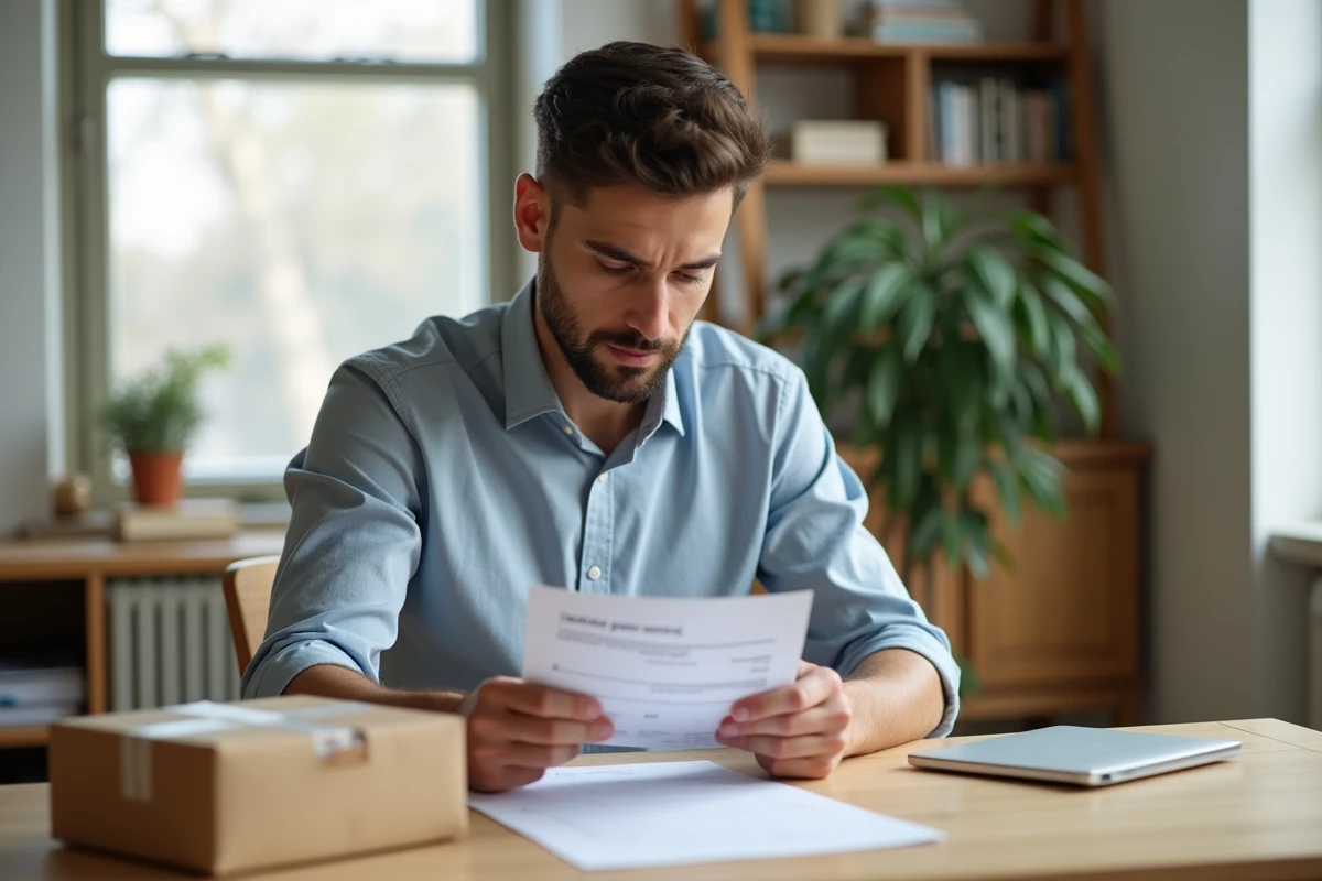 Homme v&eacute;rifiant un formulaire de livraison &agrave; domicile