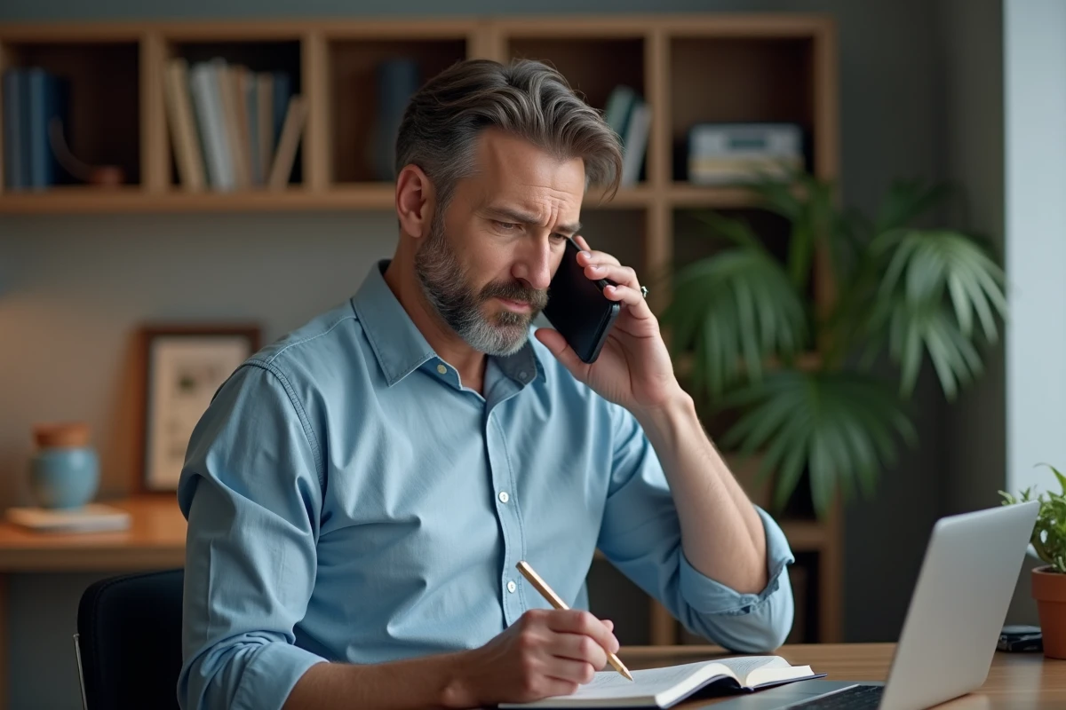 Homme en bureau à domicile prenant des notes avec un téléphone