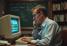 Homme d'âge moyen utilisant un ordinateur vintage des années 1970