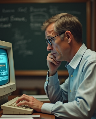 Homme d'âge moyen utilisant un ordinateur vintage des années 1970