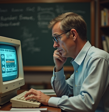 Origine de l’interface graphique : qui l’a créée ? Découvrez son histoire Homme d'âge moyen utilisant un ordinateur vintage des années 1970