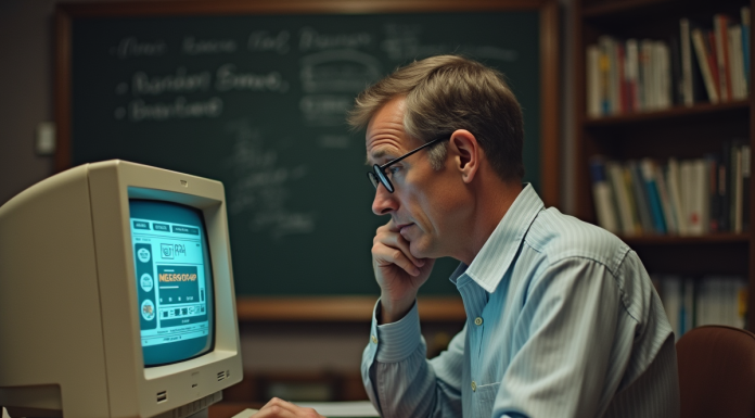 Homme d'âge moyen utilisant un ordinateur vintage des années 1970