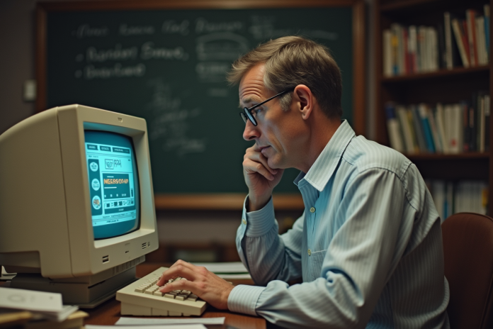 Homme d'âge moyen utilisant un ordinateur vintage des années 1970
