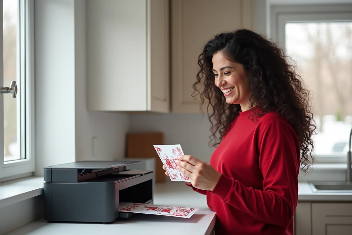 Femme tenant une carte de Noël personnalisée fraîchement imprimée à domicile depuis un fichier PDF
