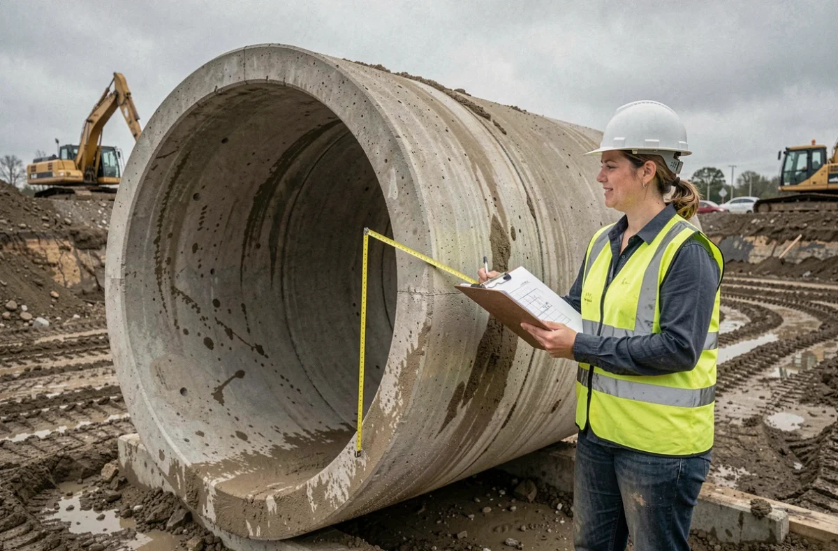 Ingénieure en travaux publics mesurant un cylindre en béton pour calculer le volume m3 sur un chantier de TP