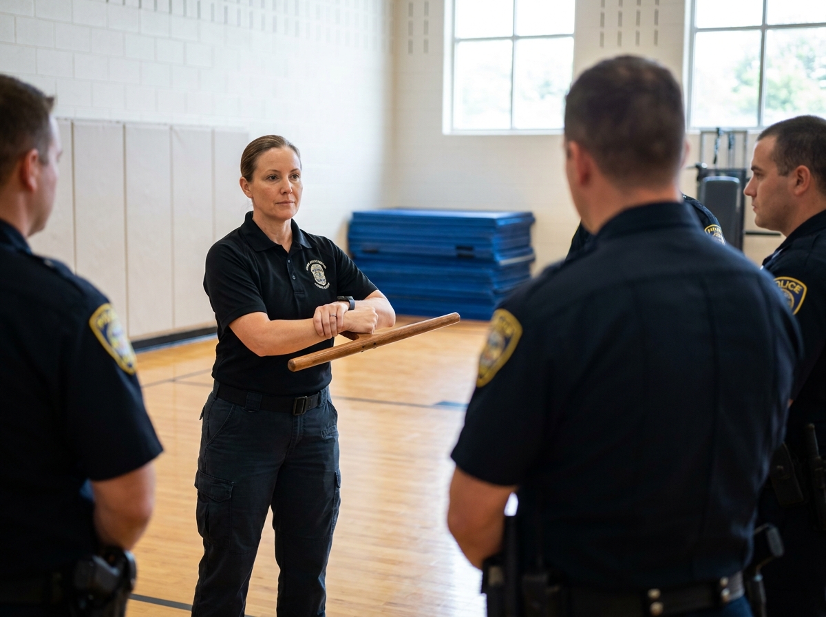 Instructrice de forces de l'ordre démontrant une technique de tonfa en salle de formation à des agents en uniforme