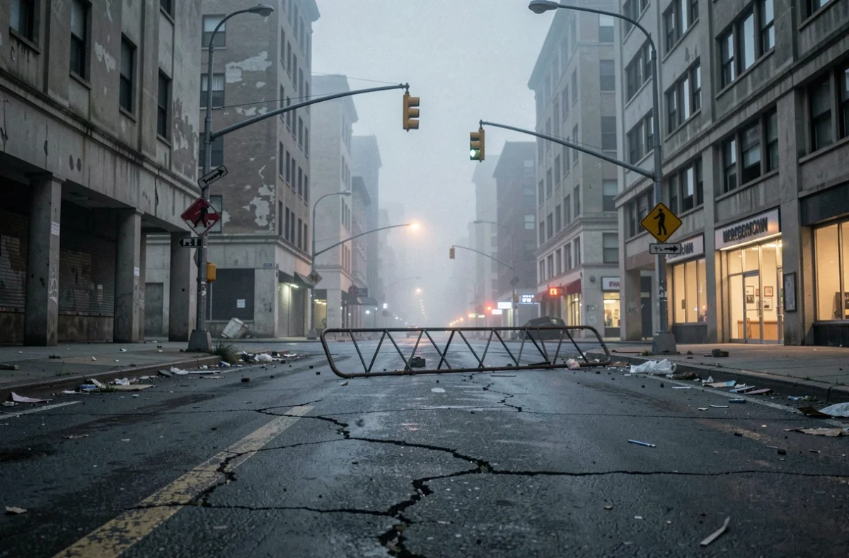 Intersection urbaine désertée avec barrières renversées et décombres évoquant une catastrophe imminente dans un cadre cinématographique sombre