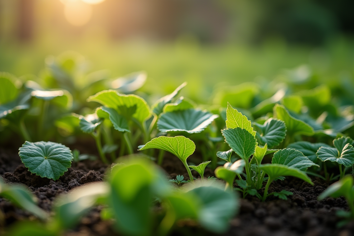 Jardin en pleine croissance avec désherbant appliqué sur les mauvaises herbes