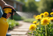Main de jardinier pulvérisant un désherbant sur des pissenlits entre pavés