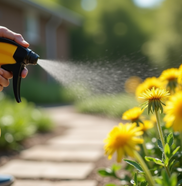 Comment bien utiliser un désherbant foudroyant : astuces et conseils Main de jardinier pulvérisant un désherbant sur des pissenlits entre pavés