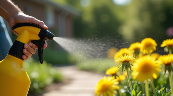 Main de jardinier pulvérisant un désherbant sur des pissenlits entre pavés