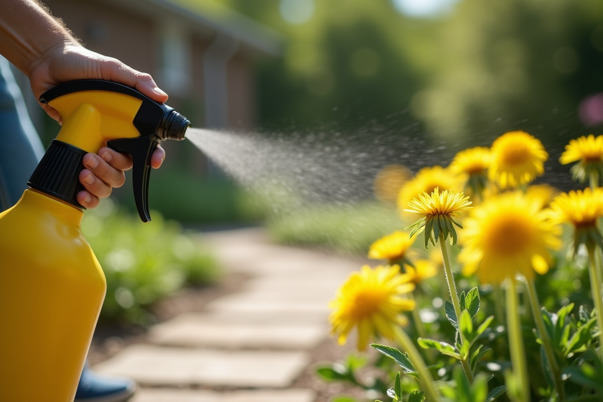 Main de jardinier pulvérisant un désherbant sur des pissenlits entre pavés