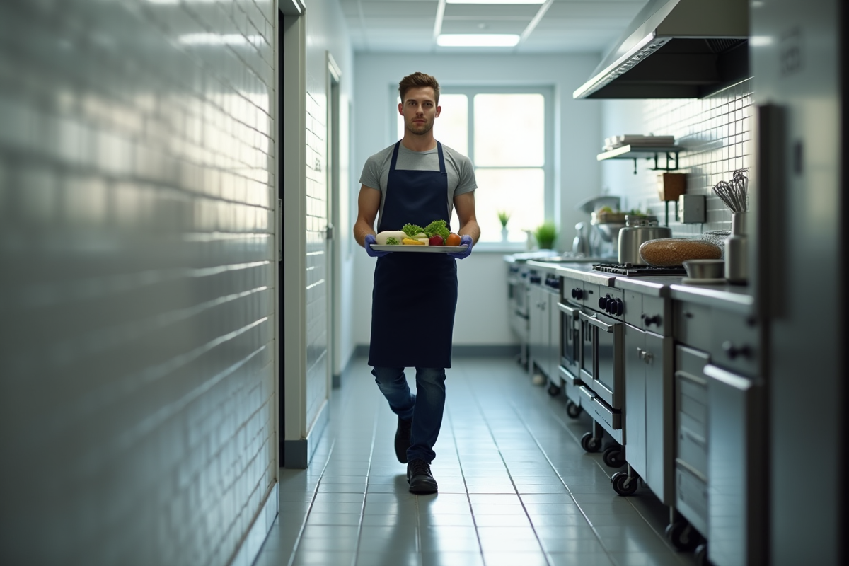 Jeune aide de cuisine portant un plateau d ingrédients dans un couloir propre
