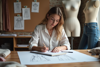 Jeune femme designer mode en studio avec croquis et tissus