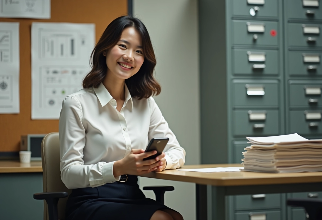 Jeune ingénieure avec prototype de téléphone dans un bureau