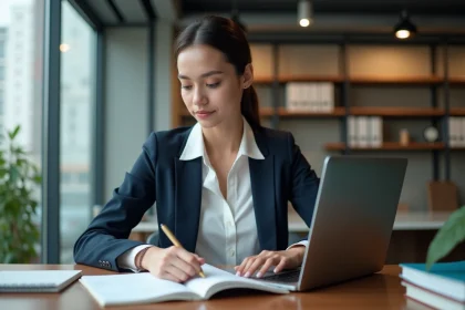 Jeune femme professionnelle travaillant sur son ordinateur en bureau moderne