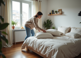 Meilleurs emplacements pour placer un lit dans une petite chambre : conseils d’aménagement Jeune femme arrangeant des oreillers dans une chambre lumineuse