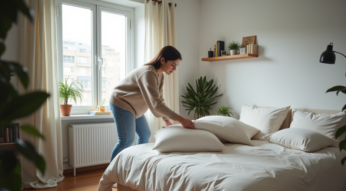 Jeune femme arrangeant des oreillers dans une chambre lumineuse