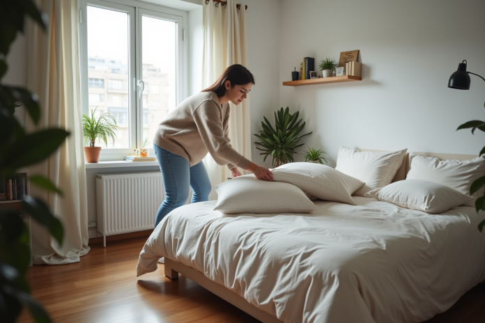 Jeune femme arrangeant des oreillers dans une chambre lumineuse