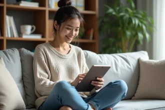 Jeune femme lisant manga sur tablette dans un salon cosy