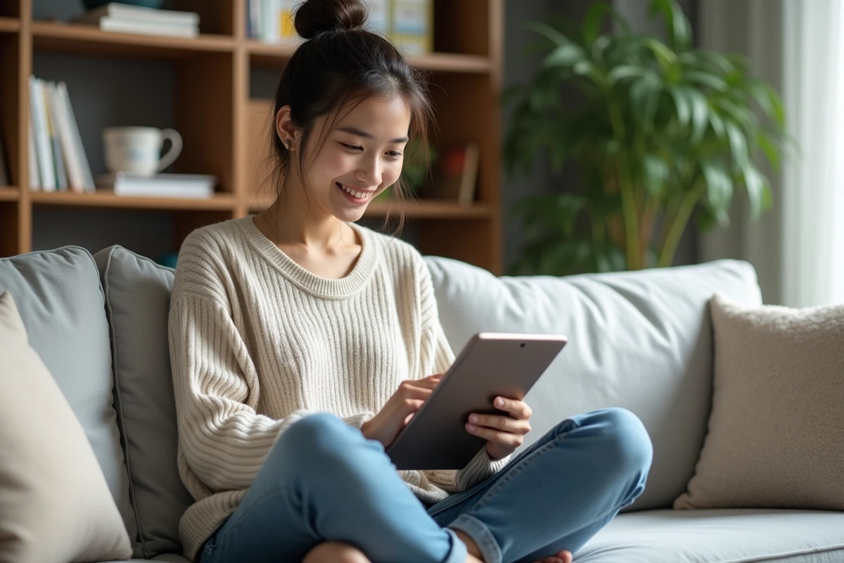 Jeune femme lisant manga sur tablette dans un salon cosy