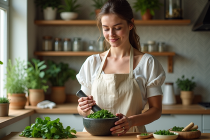 Jeune femme en tablier naturel moulant des épinards frais