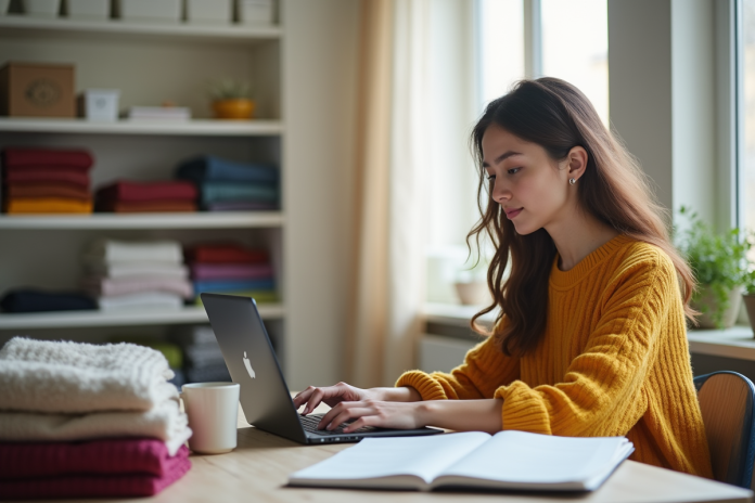 jeune-femme-ordinateur-vinted Jeune femme organisant ses vêtements sur Vinted dans un intérieur lumineux