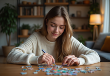 Activités sans écran : idées pour occuper son temps libre efficacement Jeune femme assemble un puzzle coloré dans un salon chaleureux