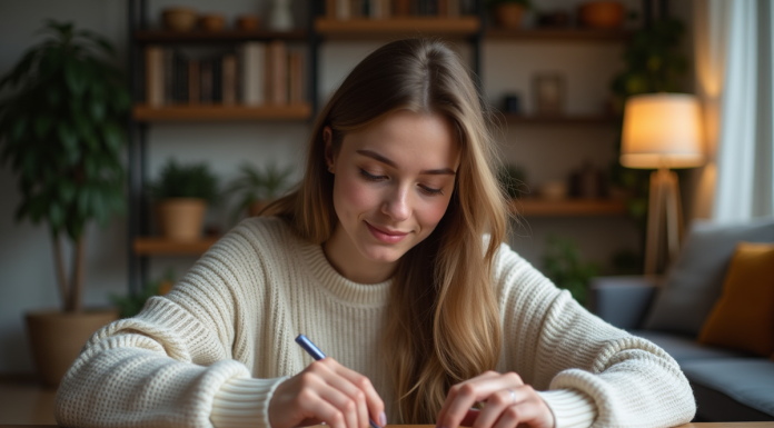 Jeune femme assemble un puzzle coloré dans un salon chaleureux