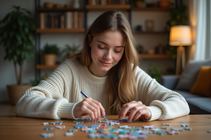 jeune-femme-puzzle-cozy Jeune femme assemble un puzzle coloré dans un salon chaleureux