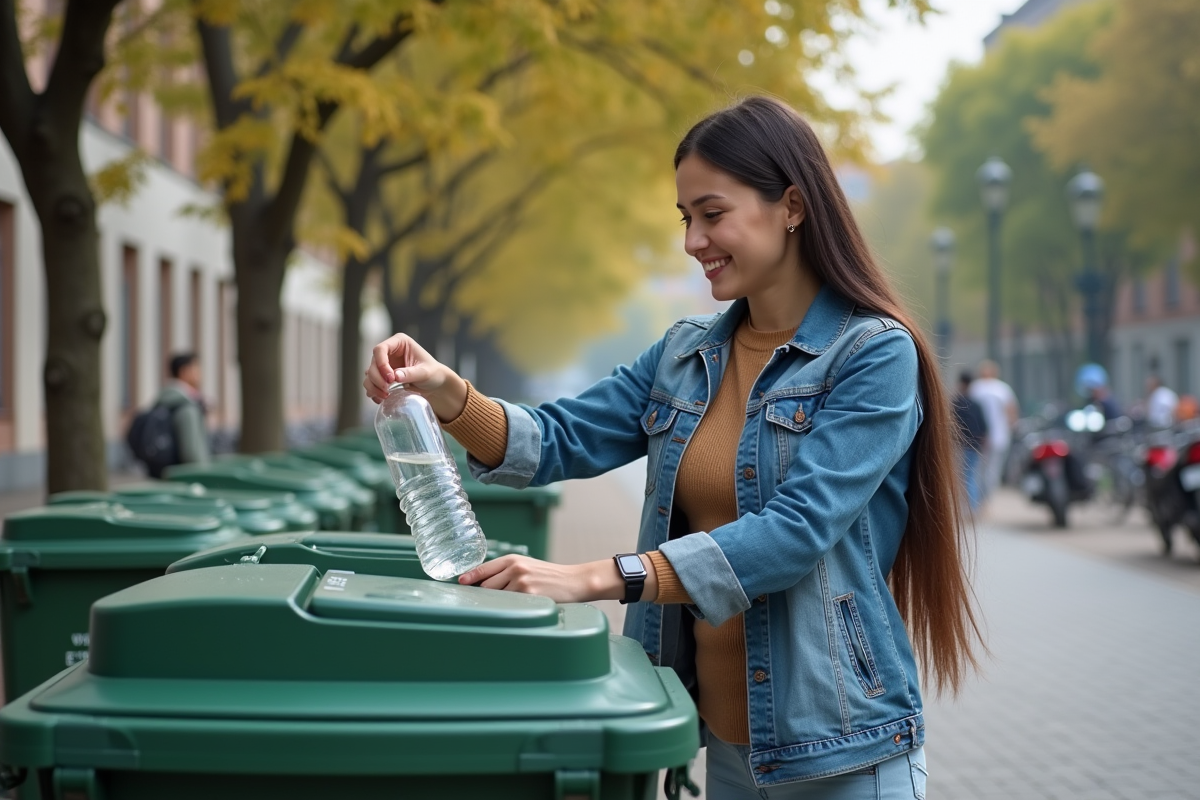 Jeune femme souriante trie des bouteilles en recyclant