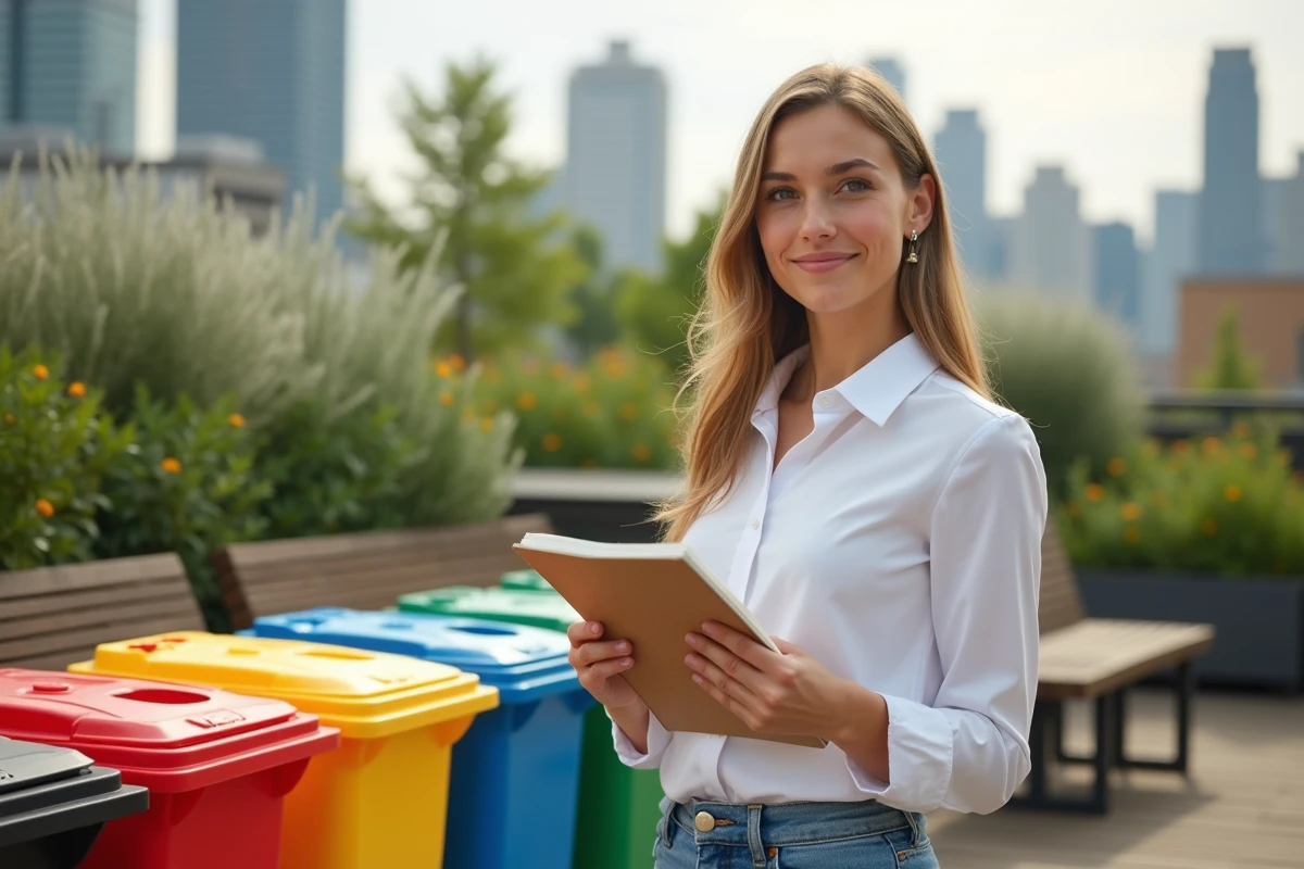 Jeune femme avec poubelles de recyclage en rooftop urbain