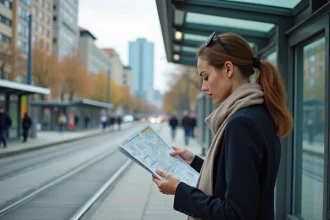 Jeune femme professionnelle examine un plan de ville en tramway