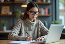 Jeune femme concentrée travaillant sur son ordinateur dans un bureau moderne