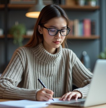 Jeune femme concentrée travaillant sur son ordinateur dans un bureau moderne