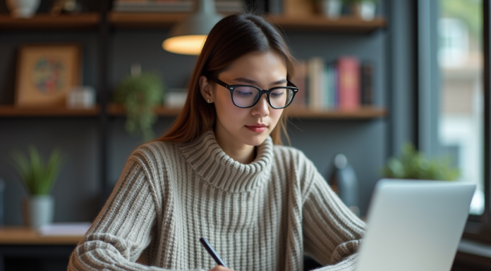 Jeune femme concentrée travaillant sur son ordinateur dans un bureau moderne