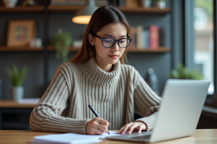 jeune-femme-travail-bureau Jeune femme concentrée travaillant sur son ordinateur dans un bureau moderne